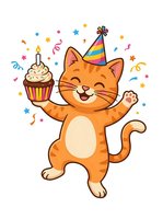 Cheerful orange tabby cat wearing colorful party hat holding cupcake surrounded by confetti and streamers on white background, isolated clipart for birthday celebrations and festive designs.