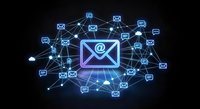 Digital email marketing network with glowing envelope icon surrounded by connected communication symbols on dark background for business campaigns.