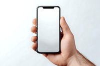 Male hand holding modern smartphone with blank white screen mockup for app presentation and mobile interface design projects.