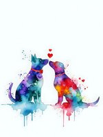 Watercolor dogs in love with vibrant rainbow colors and paint splashes on white background for romantic pet artwork and greeting cards.