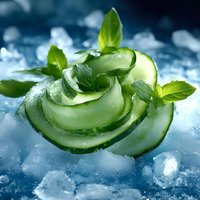 Fresh cucumber slices with mint leaves on ice cubes for summer drinks, spa treatments, skincare routines, healthy lifestyle and refreshing beverage concepts.