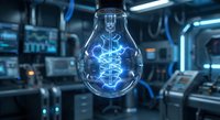 Glowing light bulb with DNA helix inside futuristic laboratory showcasing genetic engineering and biotechnology innovation for scientific research applications.