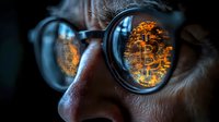 Closeup of male face wearing glasses with glowing bitcoin symbol reflected in lenses against dark background, representing cryptocurrency investment and digital finance technology.