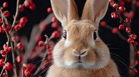 Adorable brown rabbit portrait surrounded by red winter berries against dark background. Close up of bunny face with expressive eyes and distinctive ears.