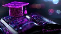 Glowing purple graduation cap on open book with neon circuit pattern against dark background with bokeh lights, symbolizing digital education and future learning.
