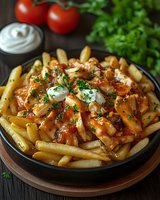 Loaded fries topped with melted cheese, crispy bacon, fresh herbs and sour cream served in cast iron skillet for comfort food dining and restaurant menu.