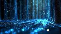 Magical glowing forest at night with ethereal blue light particles floating in dark atmosphere creating mystical woodland scenery for fantasy backgrounds.