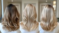 Blonde balayage and highlights comparison showing three different shades of warm blonde hair with soft waves styled on mannequin heads for salon inspiration.
