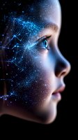 Profile view of young woman with blue glowing particles and constellation patterns dissolving into cosmic space, representing artificial intelligence and digital transformation.