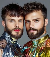 Two bearded Caucasian male models in vibrant metallic foil fashion wear pose dramatically against gray background, showcasing avant-garde editorial styling and makeup.