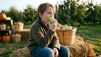 Young boy with light skin tone eating fresh green apple while sitting on hay bale at pumpkin patch during autumn harvest season, surrounded by baskets of produce and fall vegetables.