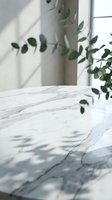 Marble tabletop with cascading green eucalyptus leaves and natural window light casting soft shadows, suitable for product photography, lifestyle styling, and home decor design projects.