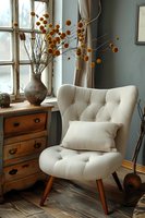Cozy reading nook with vintage cream tufted armchair, wooden dresser and dried orange craspedia flowers in ceramic vase by window, perfect for interior design and home decor inspiration.