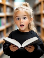 Young girl with surprised expression holding open book in library, wearing black sweater, blonde hair in bun style, showing wonder and curiosity while reading.