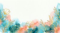 Watercolor floral border with golden leaves and soft turquoise, coral, and peachy tones blending into white space, suitable for invitations and design projects.