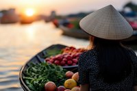 Asian woman vendor in conical hat selling fresh produce at floating market during golden sunset, with colorful vegetables and fruits displayed in traditional boat.