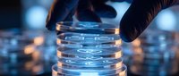 Laboratory scientist in black gloves handling illuminated petri dishes with blue bioluminescent samples for medical research and biotechnology experiments.