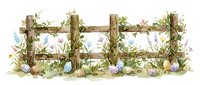 Rustic wooden fence with spring wildflowers and Easter eggs scattered in grass. Watercolor garden border with pastel blooms and natural wood posts.
