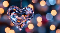 Crystal heart ornament hanging against blurred bokeh lights background creates romantic atmosphere with sparkling reflections and warm glowing effects.
