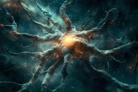 Cosmic nebula with glowing orange core radiates through turquoise space clouds, creating dramatic celestial formation against starry dark background.