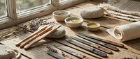 Traditional pottery tools and clay materials arranged on wooden table for ceramic crafts and handmade art projects in natural sunlight studio workspace.