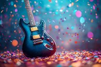 Electric guitar with metallic blue finish on colorful bokeh background with floating confetti and glitter. Festive music celebration atmosphere.