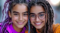 Two young mixed-race women with dreadlocks and bright smiles, one wearing glasses and orange top, other with purple hair highlights, close-up portrait showing genuine friendship.