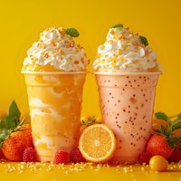 Refreshing fruit milkshakes topped with whipped cream and mint leaves on yellow background, surrounded by fresh strawberries, orange slice and citrus.