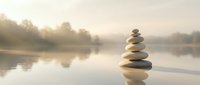 Zen stone stack balanced on calm water surface during misty sunrise creating peaceful meditation atmosphere for wellness and mindfulness practices.