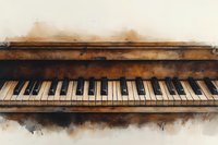 Vintage piano keys in watercolor style with sepia and brown tones against light background, artistic musical instrument close-up view showing worn wooden texture.