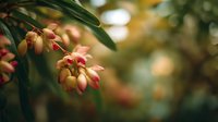 Delicate pink and cream flower buds hanging from green stems in soft natural light with blurred botanical background for spring garden designs.