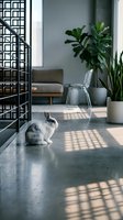 Cute domestic rabbit sitting on concrete floor in modern minimalist living room with geometric room divider, houseplants and natural sunlight patterns.