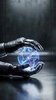 Robotic hands protecting glowing digital brain with neural networks and data connections in futuristic artificial intelligence concept.