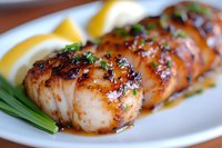 Grilled scallops with caramelized glaze garnished with fresh herbs and lemon wedges on white plate, close up view showing juicy texture and golden-brown sear marks.