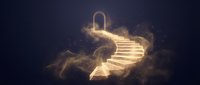 Glowing staircase pathway with golden light and magical particles ascending into darkness, symbolizing success, progress, and spiritual journey for motivational content.