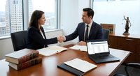 Professional business meeting with confident businessman and businesswoman shaking hands across conference table in modern office with city view.