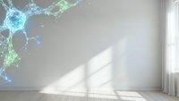 Digital neural network projection on modern interior wall with natural sunlight creating geometric shadows on wooden floor for technology presentations.