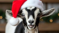 Adorable baby goat wearing red Santa hat with white pom pom, smiling at camera during Christmas season. Farm animal holiday portrait for festive greeting cards.