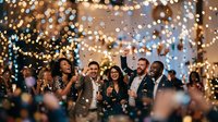 Group of diverse young adults celebrating with champagne and confetti under golden bokeh lights at festive party event.