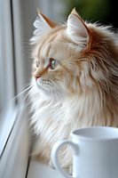 Cream colored Persian cat with long fluffy fur gazing thoughtfully through window while sitting next to white coffee cup, soft natural lighting creates dreamy atmosphere.