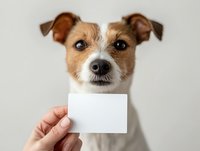 Small tan and white dog with brown ears holding blank white card in mouth, isolated on light background, ready for custom text or messaging designs.