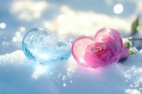 Blue and pink glass hearts with "love" inscription resting on sparkling snow, illuminated by soft sunlight creating dreamy bokeh effect.