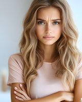 Young blonde woman with crossed arms showing concerned facial expression in casual pink t-shirt for lifestyle and emotional wellness concepts.