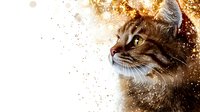 Majestic cat portrait with golden sparkles and light effects on white background, side view of feline face with detailed fur texture and expressive eyes.