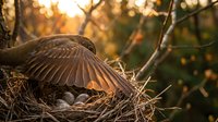 Bird protecting eggs in nest with outstretched wing during golden hour sunset. Maternal instinct and wildlife parenting behavior in natural habitat.