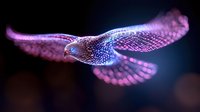 Glowing dove in flight with luminescent pink and blue wings against dark background, magical light effects create ethereal atmosphere for spiritual and fantasy designs.