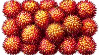 Vibrant red and yellow spiky virus particles arranged in repeating pattern against dark background, showing detailed molecular structure for medical and scientific visualization.