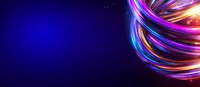 Vibrant spiral of glowing multicolored light trails swirling against deep blue background creates dynamic motion effect for technology and communication designs.