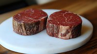 Raw beef tenderloin steaks with marbling on white marble cutting board, fresh meat cuts showing natural texture and fat distribution for cooking preparation.