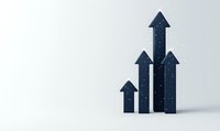 Dark blue upward arrows with star-like dots against light background symbolizing growth, progress, and success in business or financial markets.